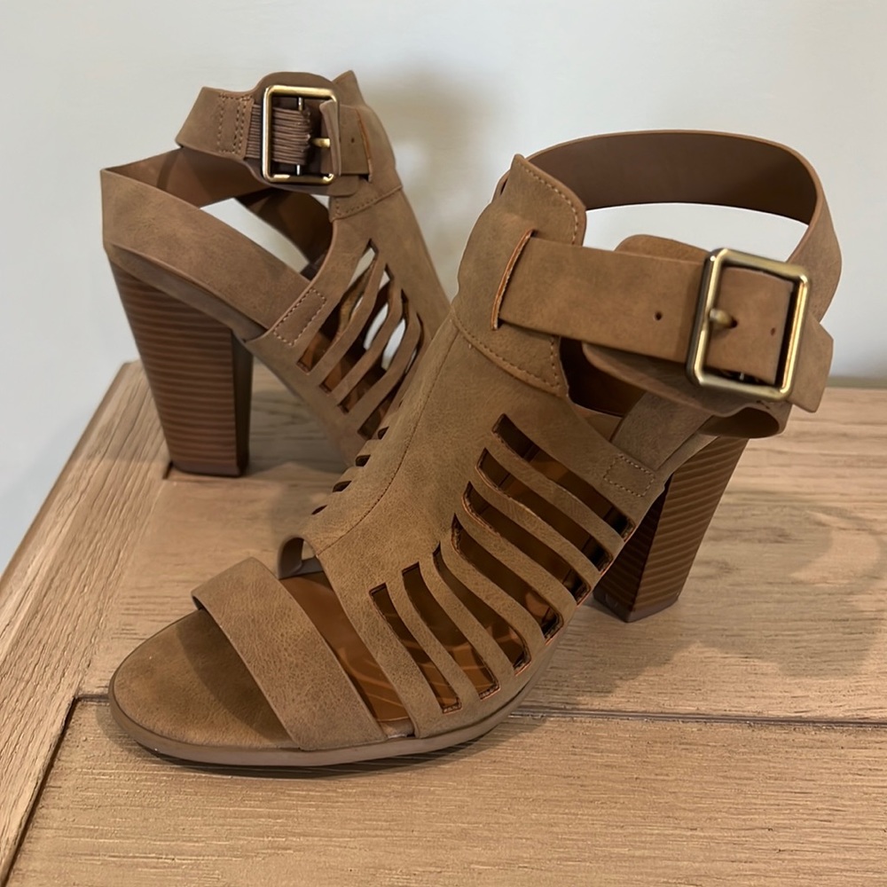 Tan, strappy heels